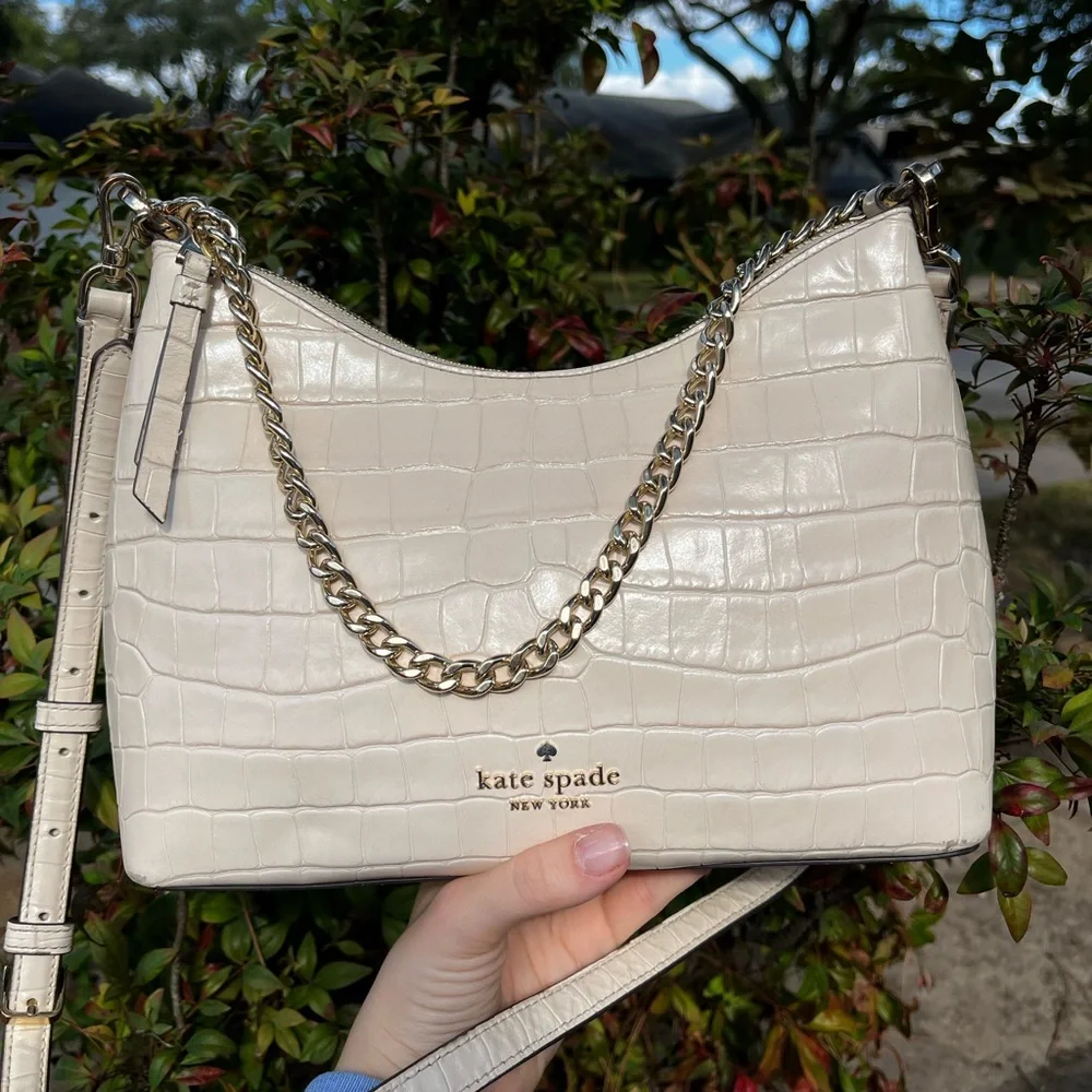 KATE SPADE Ivory Croc Embossed Hobo Baguette Shoulder Bag Crossbody